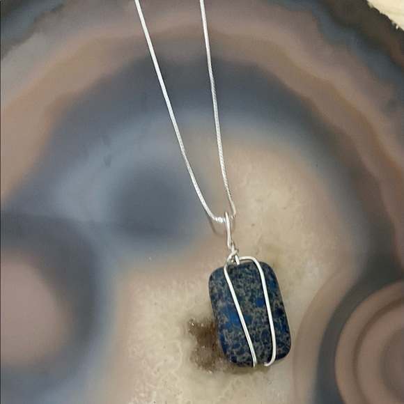 Handmade lapis silver wire wrapped pendant necklace - Picture 5 of 6